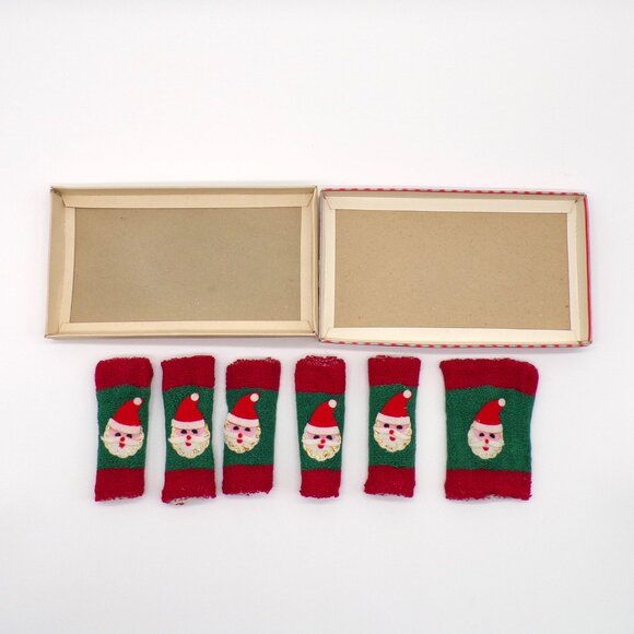 VTG Christmas Santa Coasters Chadwick Miller Knit Felt Koozies Set 6 Japan 60s - Picture 6 of 13